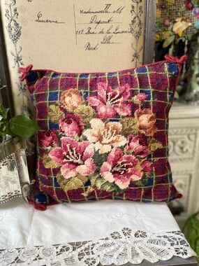 Vintage Lillian Vernon red floral plaid embroidered pillow heritage decor